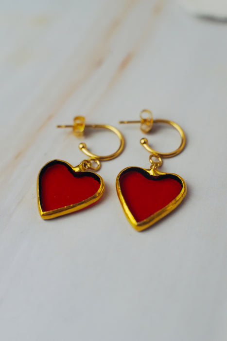 Piros üveg szív fülbevaló - goldie