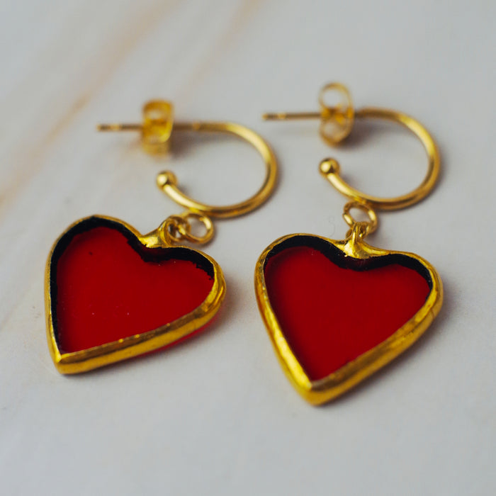 Piros üveg szív fülbevaló - goldie