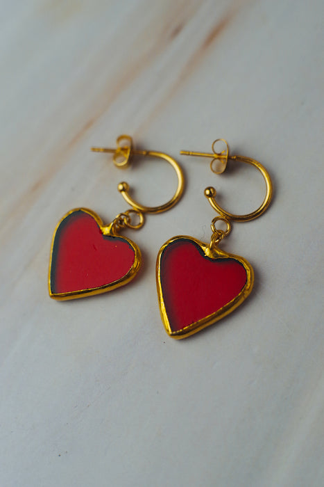 Piros üveg szív fülbevaló - goldie